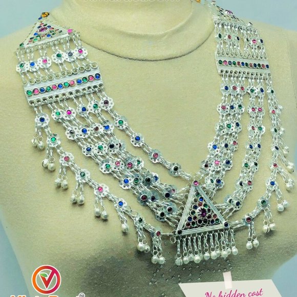 Multilayers Kuchi Tribal Bib Necklace With Multicolor Glass Stones - Picture 5 of 8